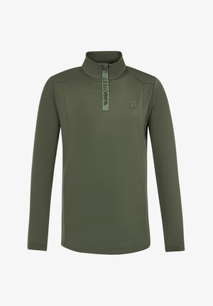 Olijfgroene lange mouwen pullover met een kwart-rits en hoge kraag, van geweven stof en met een opvallend logo op de borst.