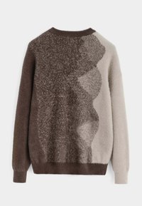 Pull en maille douce à manches longues, présentant des blocs de couleur marron et beige ainsi qu'un motif ondulé sur le panneau arrière.