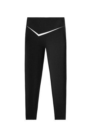 Colanți negri lungi cu talie înaltă, având un detaliu în dungi albe diagonale aproape de partea de sus pe față.