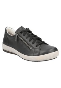 Sneaker in pelle nera con lacci, zip laterale e suola in gomma bianca con dettagli texture e punta arrotondata.