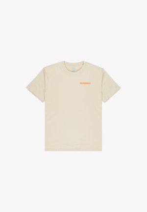 Beiges Baumwoll-T-Shirt mit kurzen Ärmeln. Verfügt über ein kleines, oranges Logo auf der linken Brustseite. Standard-Design mit Rundhalsausschnitt.