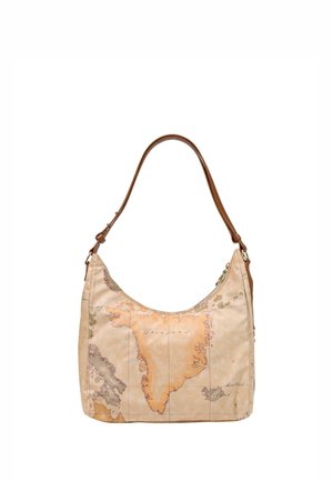 Beige schoudertas met vintage kaartprint, bruine verstelbare band en ritssluiting bovenaan.