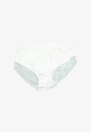 Bílé bavlněné kalhotky s světle modrými krajkovými detaily na bocích, s měkkou texturou a elastickým pasem pro pohodlí.