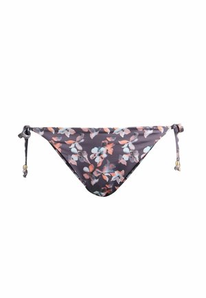 Ciemnofioletowe majtki bikini z różowymi i jasnoniebieskimi wzorami kwiatowymi oraz bocznymi sznurkami przywiązującymi zakończonymi małymi złotymi koralikami.