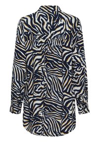 Langærmet skjorte i marineblå, creme og sennepsgul med zebra-stribe mønster; har en knappet ryg og rundet kant.