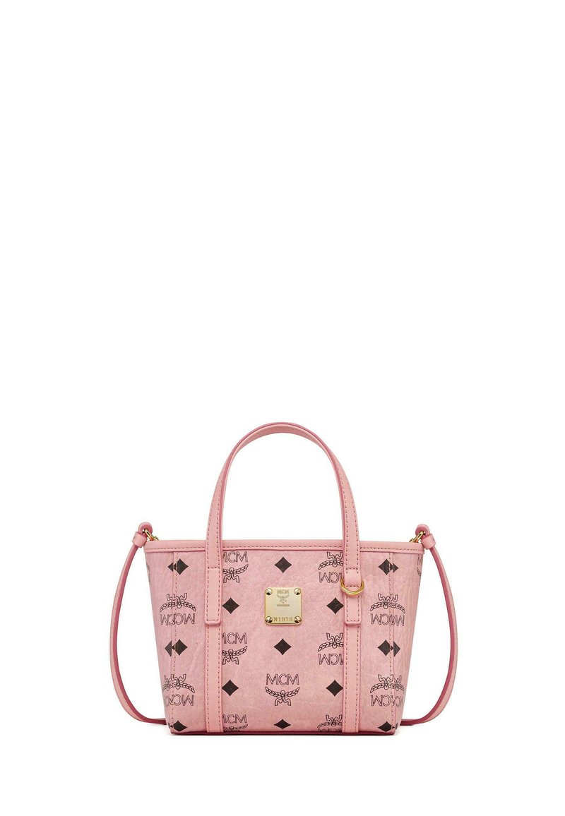 Pink faux leather handbag with two top handles, detachable shoulder strap, gold hardware, and black diamond pattern featuring "MCM" logo.