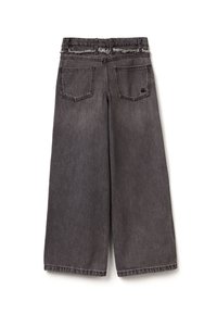 Jeans a gamba larga in denim nero a vita alta, con vita sfilacciata, due tasche posteriori e una vestibilità ampia e rilassata.