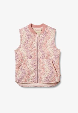 Pūkuotas be rankovių liemeniukas šviesiai rožinės spalvos su gėlėtomis raštais. Su užtrauktuku priekyje ir šoninėmis kišenėmis. Minkšta, tekstūruota medžiaga.