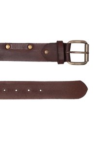 Brauner Leder-Gürtel mit einer antiken Messing-Schnalle, Messing-Nieten und mehreren Löchern zur Anpassung. Strukturiert mit einer glatten Oberfläche.