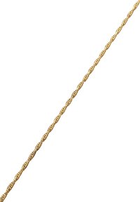 Gouden gedraaide ketting met textuur links, uniforme dikte en een glanzende afwerking. Geen zichtbare sluiting of extra hardware details.