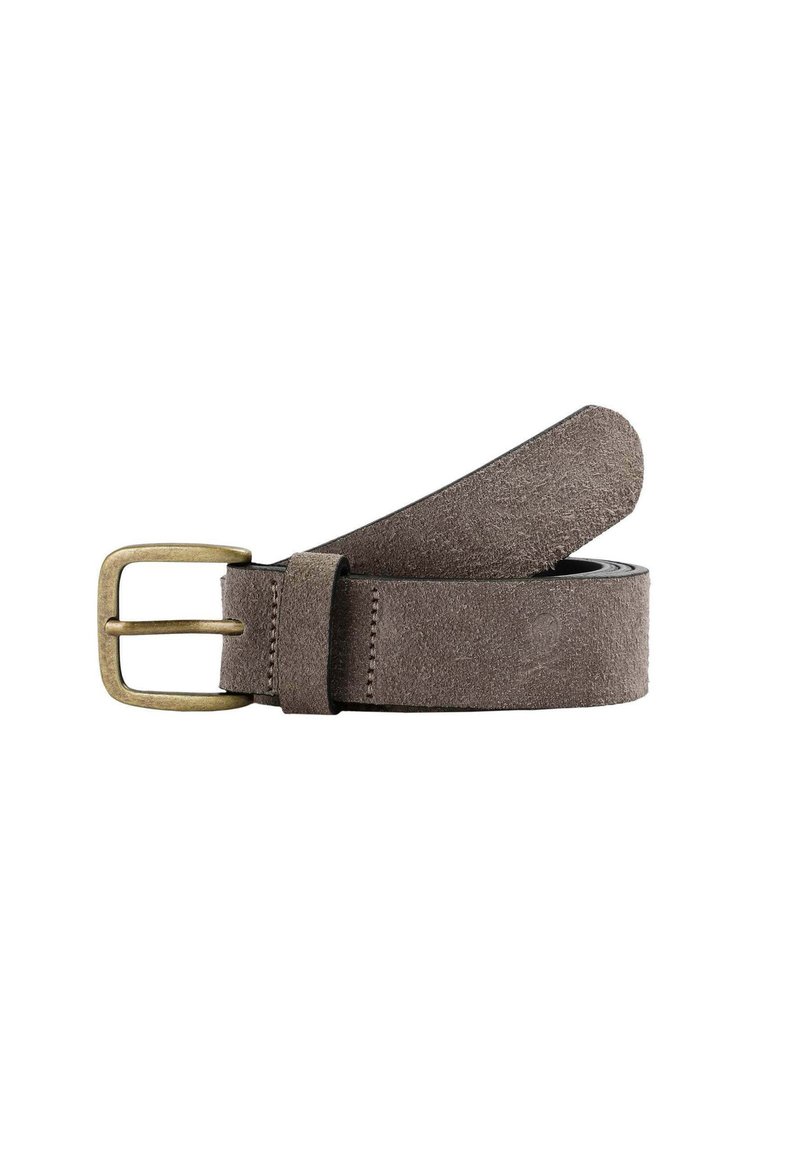 Cinturón de ante en gris con un acabado mate. Presenta una hebilla rectangular de latón y bordes lisos. Ideal para conjuntos casuales o formales.