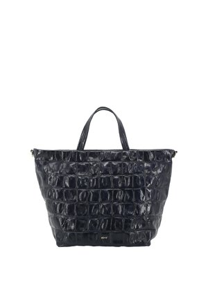 Black leather tote bag with crocodile texture, two handles, and small gold logo "abro" at bottom center on white background.