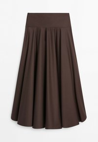 Dark brown high-waist midi skirt with a wide waistband and loose, flowing fabric creating soft pleats.