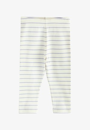 Legginsy w paski o jasnokremowej bazie i cienkich, poziomych lawendowych paskach. Miękka, elastyczna tkanina z elastycznym pasem w talii.