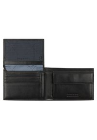 Black leather wallet with a textured finish, featuring multiple card slots, a coin pocket, and a dark blue inner lining with diamond pattern.