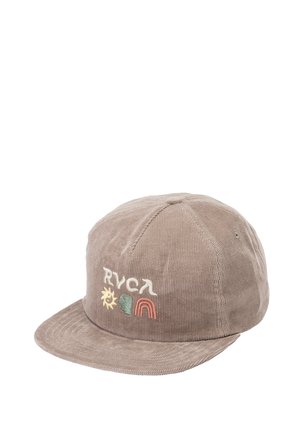 Casquette de baseball en velours côtelé taupe avec logo brodé « RVCA », soleil, visage et icônes arc-en-ciel sur le panneau avant.