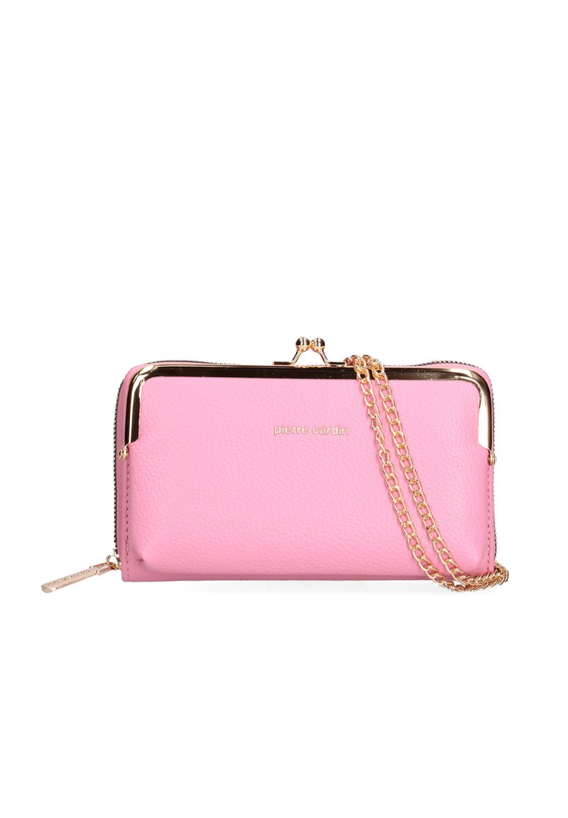 Portafoglio in pelle rosa con struttura in metallo dorato, tracolla a catena e finitura testurizzata. Presenta un'apertura con zip e il nome del marchio impresso.