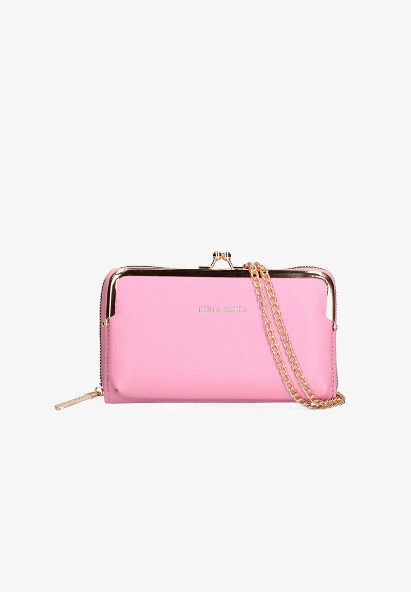 Portafoglio in pelle rosa con struttura in metallo dorato, tracolla a catena e finitura testurizzata. Presenta un'apertura con zip e il nome del marchio impresso.