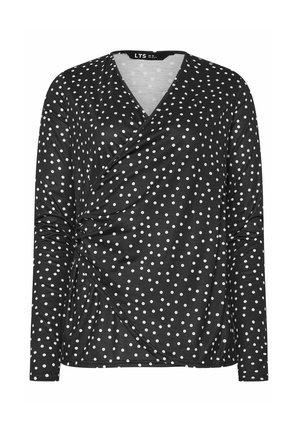 Top de manga larga negro con lunares blancos, con un diseño cruzado y textura fruncida en un lado. Tela suave y elástica.