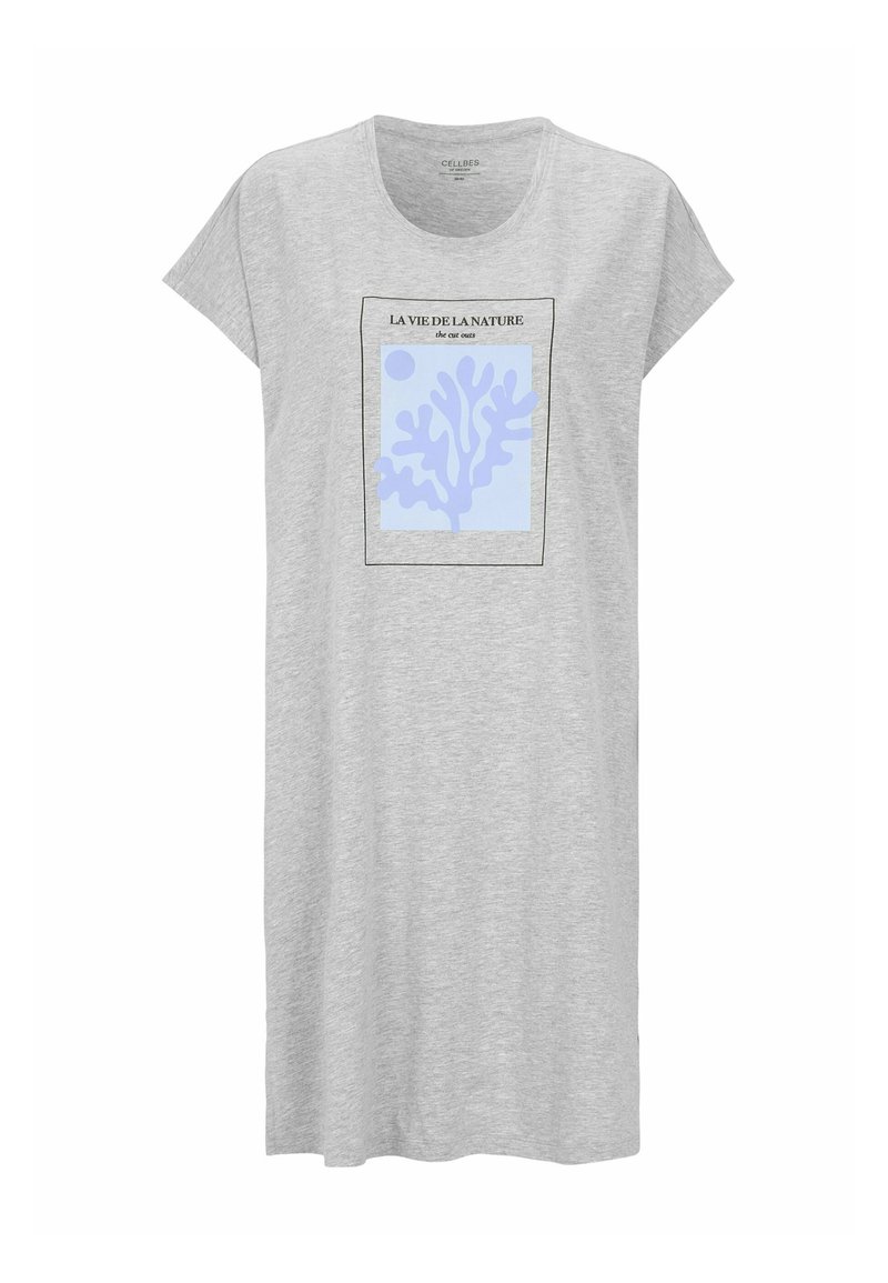 Grå bomullst-shirtklänning med korta ärmar och rund halsringning. Har en blå grafisk design med korallformade mönster och svart kant.