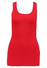 Top aderente rosso realizzato in tessuto elasticizzato, con scollatura rotonda e design senza maniche. Texture liscia senza modelli o accenti visibili.