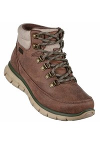 Bota alta de cuero marrón con cuello de fieltro, ojales metálicos y cordones marrones, que presenta un material superior texturizado y una suela gruesa y acolchada.