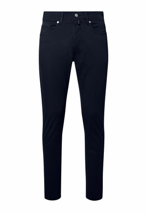 Jeans neri slim fit con tasche anteriori e posteriori, chiusura con bottone e cerniera, e passanti per cintura.