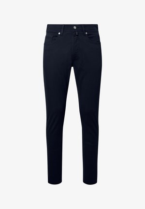 Jeans neri slim fit con tasche anteriori e posteriori, chiusura con bottone e cerniera, e passanti per cintura.