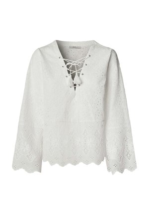 Weiße Bluse mit langen Ärmeln, Schnür-V-Ausschnitt, Ösenstickerei, Quastenbändern, floralen Cut-out-Mustern und gewelltem Saum sowie Manschetten.