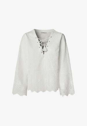 Weiße Bluse mit langen Ärmeln, Schnür-V-Ausschnitt, Ösenstickerei, Quastenbändern, floralen Cut-out-Mustern und gewelltem Saum sowie Manschetten.