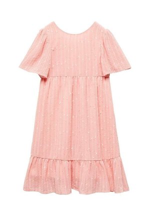 Lichtroze jurk met korte mouwen, getextureerde verticale strepen, een ronde halslijn en een gerimpelde zoom.