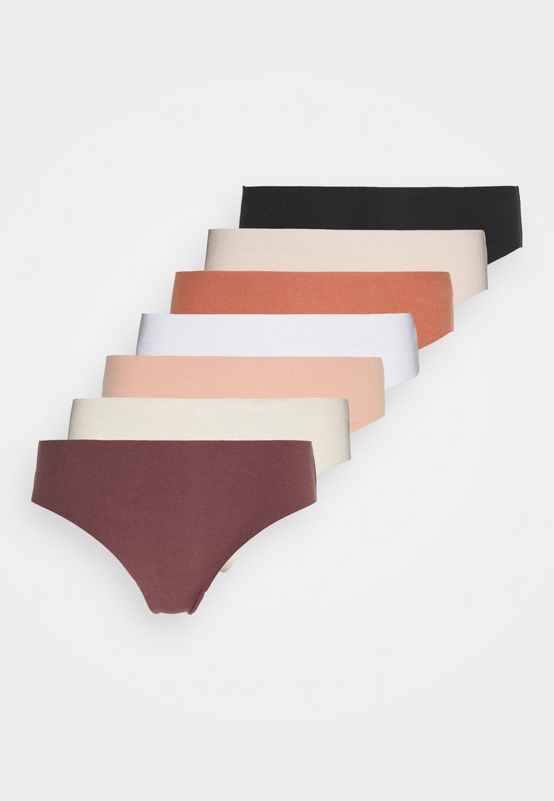 Pakket van zeven paar katoenen hipster onderbroeken in verschillende kleuren: zwart, wit, beige, lichtroze, roest, bleke perzik en diep bordeaux.