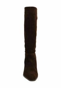Bruine suède over-the-knee laarzen met een spitse neus, een slouchy ontwerp en een platte, gestructureerde zool. Zachte textuur met minimale stikseldetails.