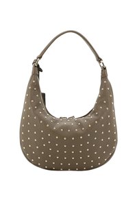 Olive green leather shoulder bag with curved shape, decorated with evenly spaced small gold studs and a single handle strap.