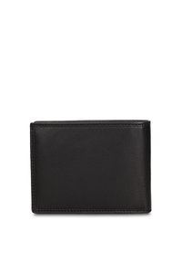 Portafoglio nero in pelle con texture liscia, forma rettangolare e design minimalista. Nessun elemento metallico o motivo visibile. Bordi netti.