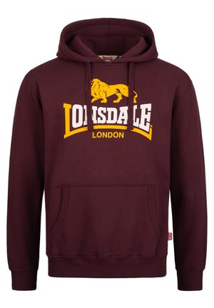 Sudadera burdeos con capucha ajustable, bolsillo frontal y logo en blanco/amarillo de "Lonsdale London". Presenta un gráfico de león y puños acanalados.