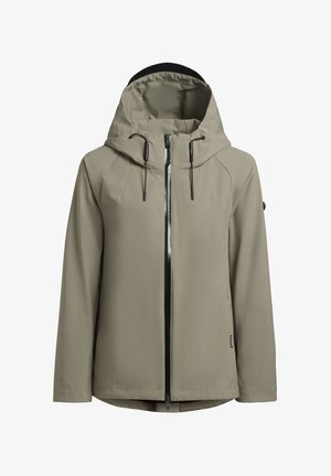 Giacca beige resistente all'acqua con un ampio cappuccio, chiusura con zip, cordini elastici e zip nere a contrasto; texture liscia e design minimal.