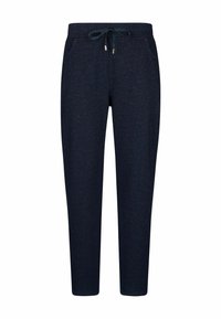 Pantalons tapered bleu marine en tissu texturé avec un subtil éclat. Comprend une taille élastique avec un cordon de serrage et des poches latérales.