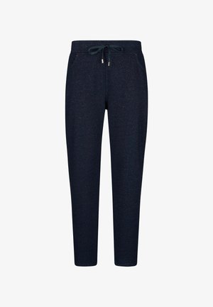 Pantaloni blu navy a gamba affusolata realizzati in tessuto testurizzato con una leggera scintillio. Presentano una cintura elastica con cordino e tasche laterali.