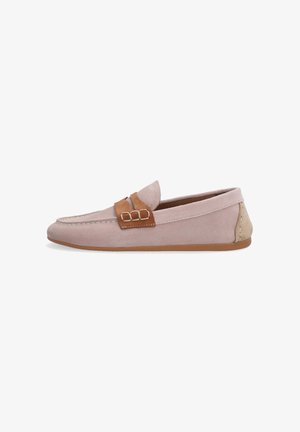 Light pink suede loafers with a brown leather strap and silver hardware detail. Features a rounded toe and a flat rubber sole.