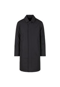 Cappotto nero a maniche lunghe con taglio dritto, tasche frontali e colletto classico. Realizzato in tessuto liscio e idrorepellente.