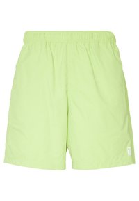 Světlé limetkově zelené šortky vyrobené z lehkého materiálu, s elastickým pasem a malým logem na dolní levé straně.