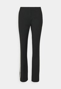 Black trousers with a straight leg design, featuring a textured side panel, creating a contrast against the smooth fabric of the pants.