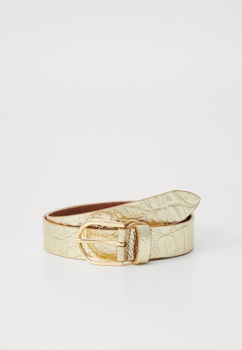 Gold metallic belt with crocodile texture, featuring a rectangular gold buckle. Smooth finish on the outside, brown leather interior.