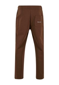 Brown sweatpants with an elastic waistband, featuring a back pocket and a soft, smooth texture. Simple design and straight leg shape.