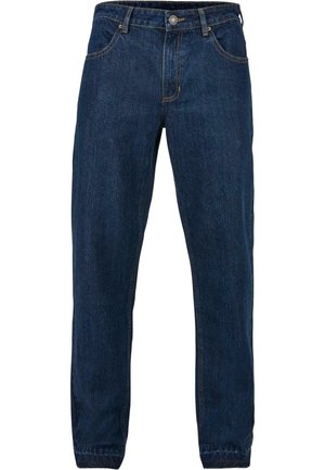 Temno modre denim hlače s ravnimi hlačnicami, s šivano obrobo, petimi žepi in kovinskim gumbom za zapiranje na pasu.