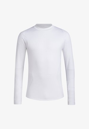 White long-sleeve athletic shirt, made of smooth, stretchy fabric. Features a crew neckline and streamlined fit, with subtle detailing on sleeves.