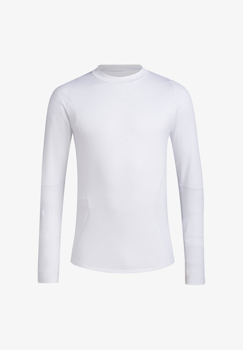 White long-sleeve athletic shirt, made of smooth, stretchy fabric. Features a crew neckline and streamlined fit, with subtle detailing on sleeves.