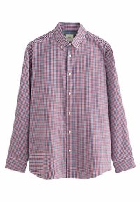 Langarm-Hemd mit Knopfleiste in einem rot-blauen Karomuster; Baumwollmaterial; Button-Down-Kragen; Vorderknöpfe; saubere Manschetten.