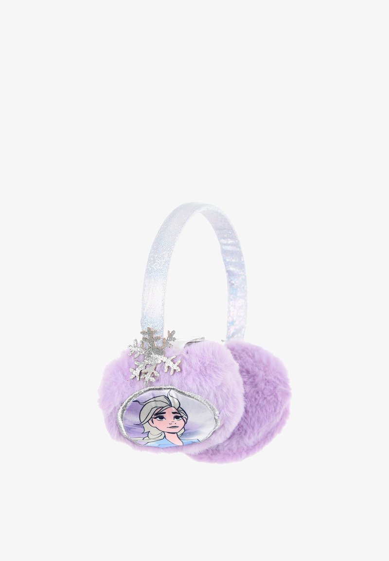 Cuffie in pelliccia sintetica viola con una fascia argentata luccicante e un accento a forma di fiocco di neve. Presenta un'immagine circolare di un personaggio su un lato.